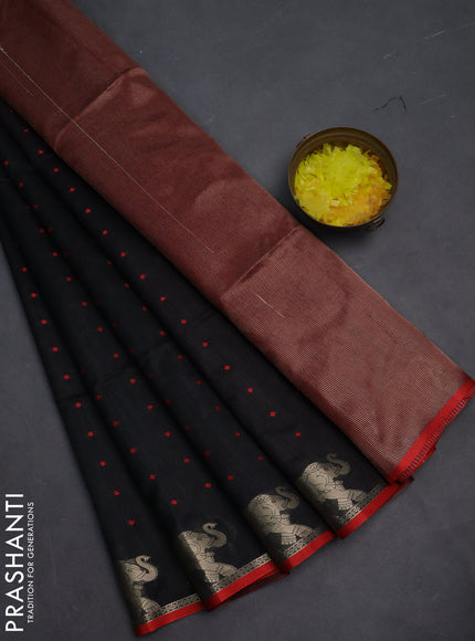 Semi dupion saree black and maroon with thread woven buttas and elephant zari woven butta border