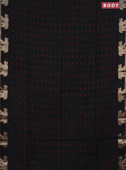 Semi dupion saree black and maroon with thread woven buttas and elephant zari woven butta border