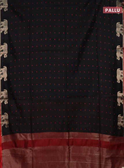 Semi dupion saree black and maroon with thread woven buttas and elephant zari woven butta border
