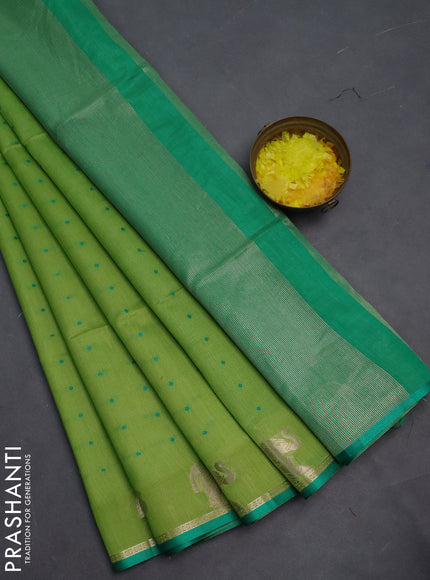 Semi dupion saree light green and teal green with thread woven buttas and elephant zari woven butta border