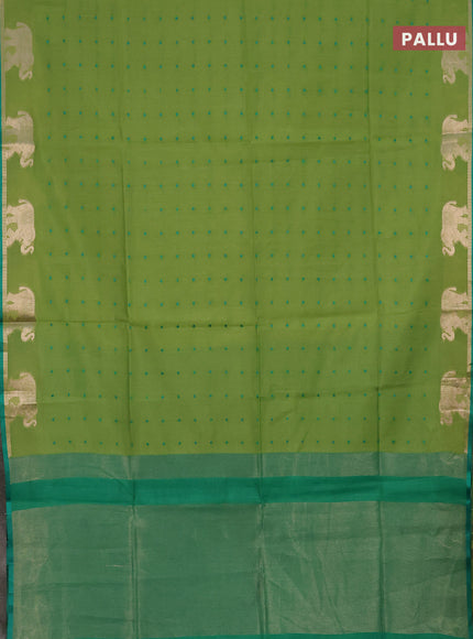 Semi dupion saree light green and teal green with thread woven buttas and elephant zari woven butta border