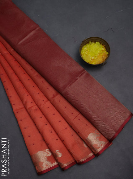 Semi dupion saree dark peach and maroon with thread woven buttas and elephant zari woven butta border