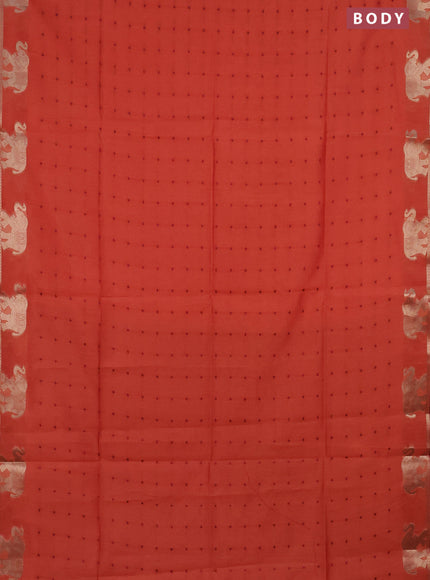 Semi dupion saree dark peach and maroon with thread woven buttas and elephant zari woven butta border