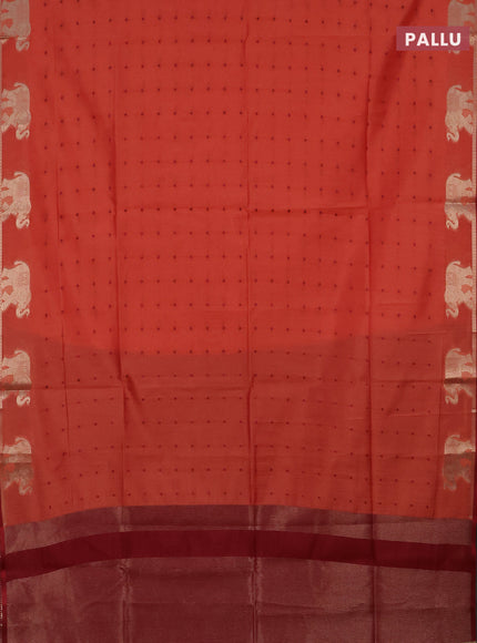 Semi dupion saree dark peach and maroon with thread woven buttas and elephant zari woven butta border