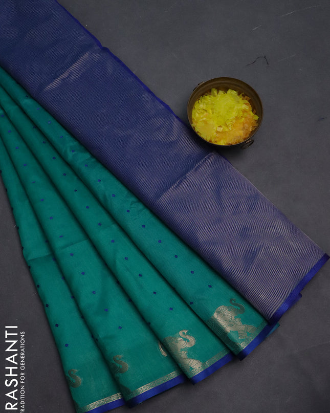 Semi dupion saree teal green and blue with thread woven buttas and elephant zari woven butta border