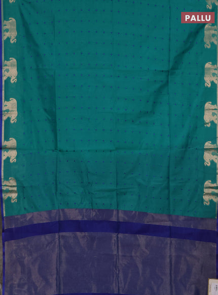 Semi dupion saree teal green and blue with thread woven buttas and elephant zari woven butta border