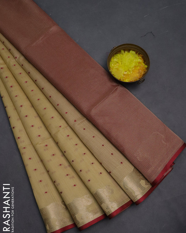 Semi dupion saree beige and maroon with thread woven buttas and elephant zari woven butta border
