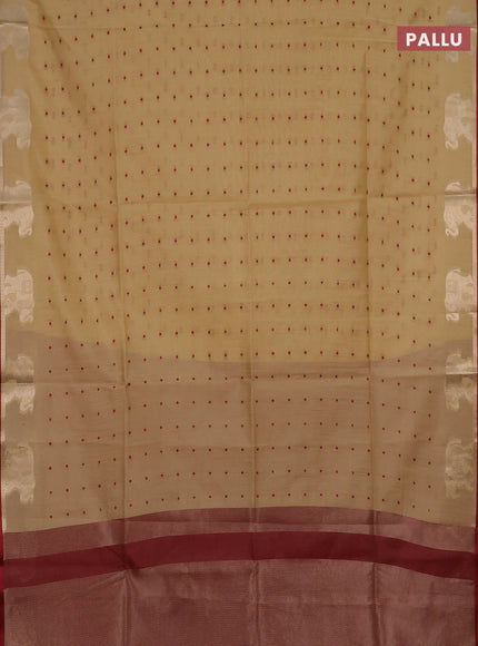 Semi dupion saree beige and maroon with thread woven buttas and elephant zari woven butta border
