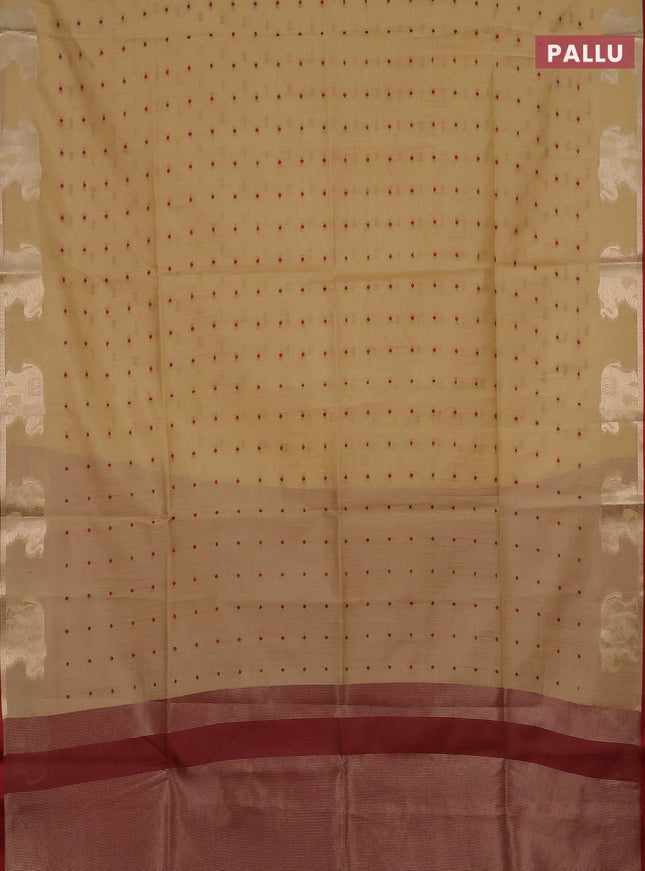 Semi dupion saree beige and maroon with thread woven buttas and elephant zari woven butta border