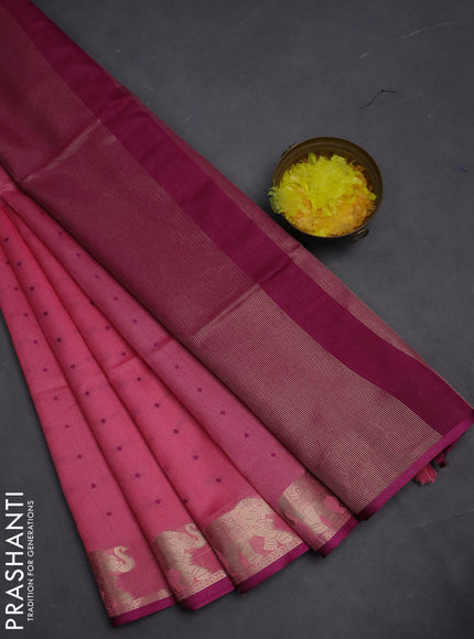 Semi dupion saree light pink and purple with thread woven buttas and elephant zari woven butta border