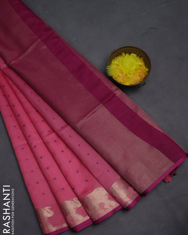 Semi dupion saree light pink and purple with thread woven buttas and elephant zari woven butta border