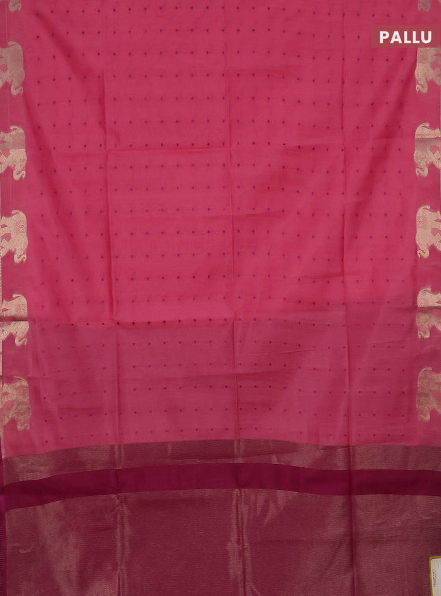 Semi dupion saree light pink and purple with thread woven buttas and elephant zari woven butta border