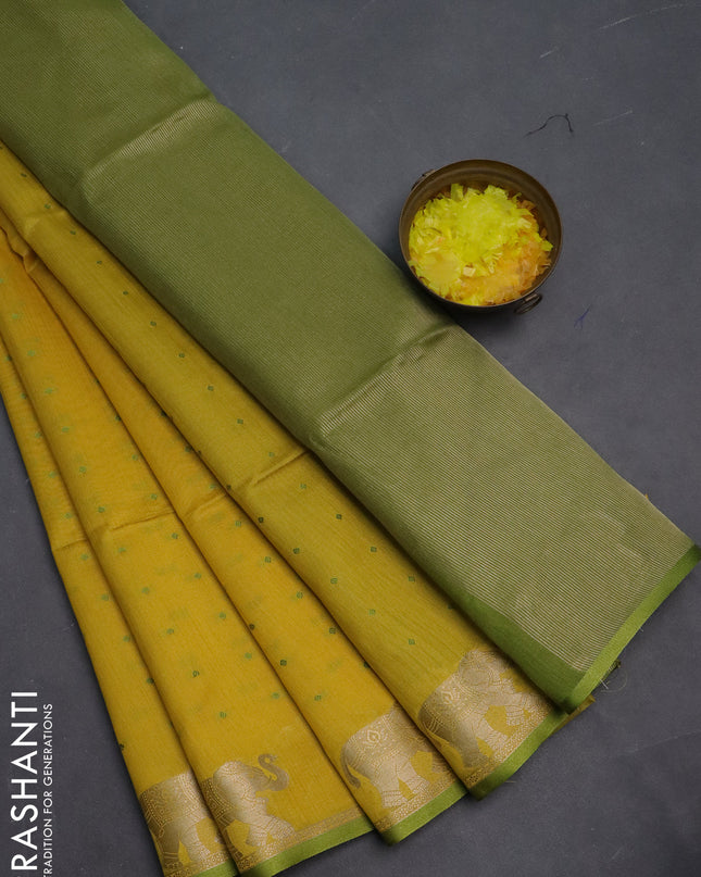 Semi dupion saree yellow and light green with thread woven buttas and elephant zari woven butta border