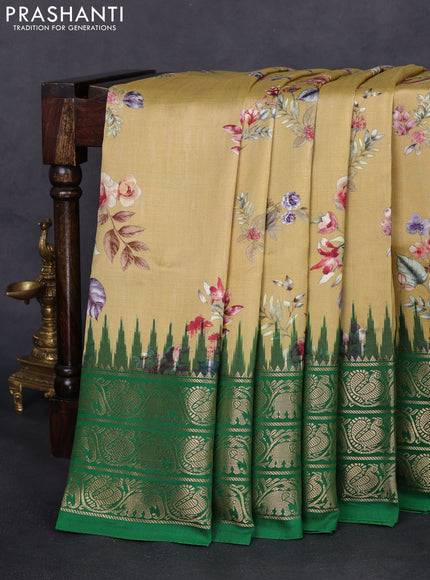 Pochampally silk saree mustard shade and green with allover floral digital prints and temple design zari woven border