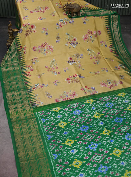 Pochampally silk saree mustard shade and green with allover floral digital prints and temple design zari woven border