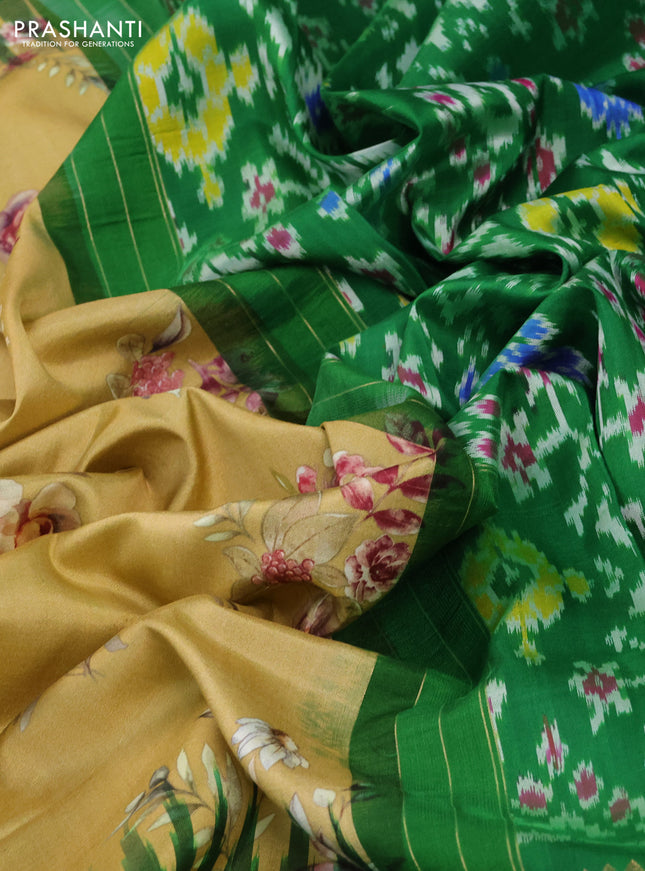 Pochampally silk saree mustard shade and green with allover floral digital prints and temple design zari woven border