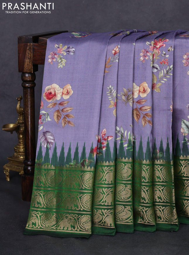Pochampally silk saree pastel violet and green with allover floral digital prints and temple design zari woven border