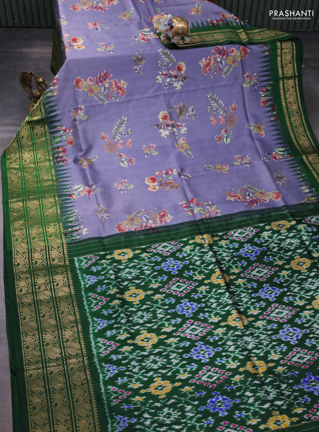 Pochampally silk saree pastel violet and green with allover floral digital prints and temple design zari woven border