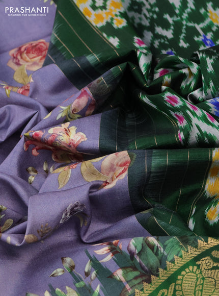 Pochampally silk saree pastel violet and green with allover floral digital prints and temple design zari woven border