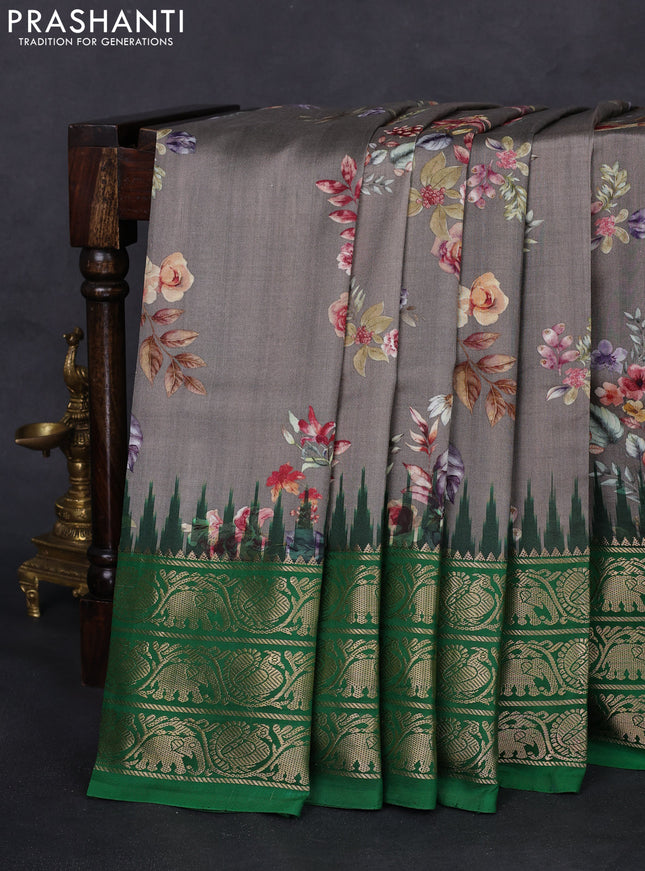 Pochampally silk saree grey and green with allover floral digital prints and temple design zari woven border