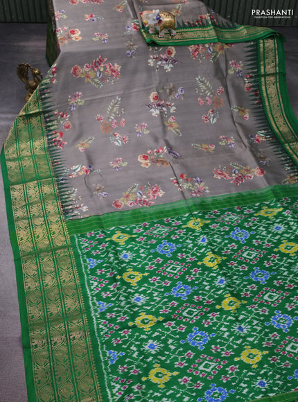 Pochampally silk saree grey and green with allover floral digital prints and temple design zari woven border