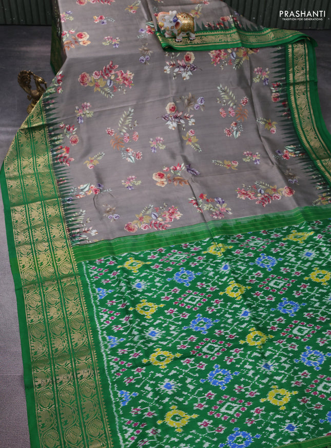 Pochampally silk saree grey and green with allover floral digital prints and temple design zari woven border