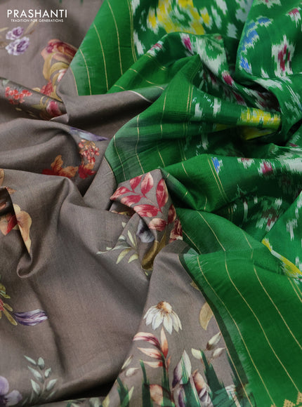 Pochampally silk saree grey and green with allover floral digital prints and temple design zari woven border
