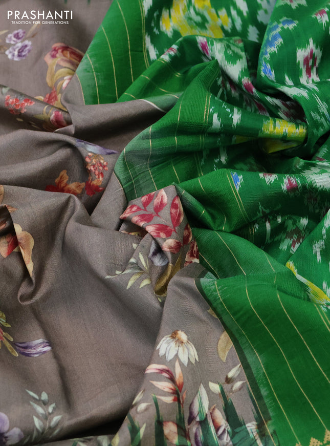Pochampally silk saree grey and green with allover floral digital prints and temple design zari woven border