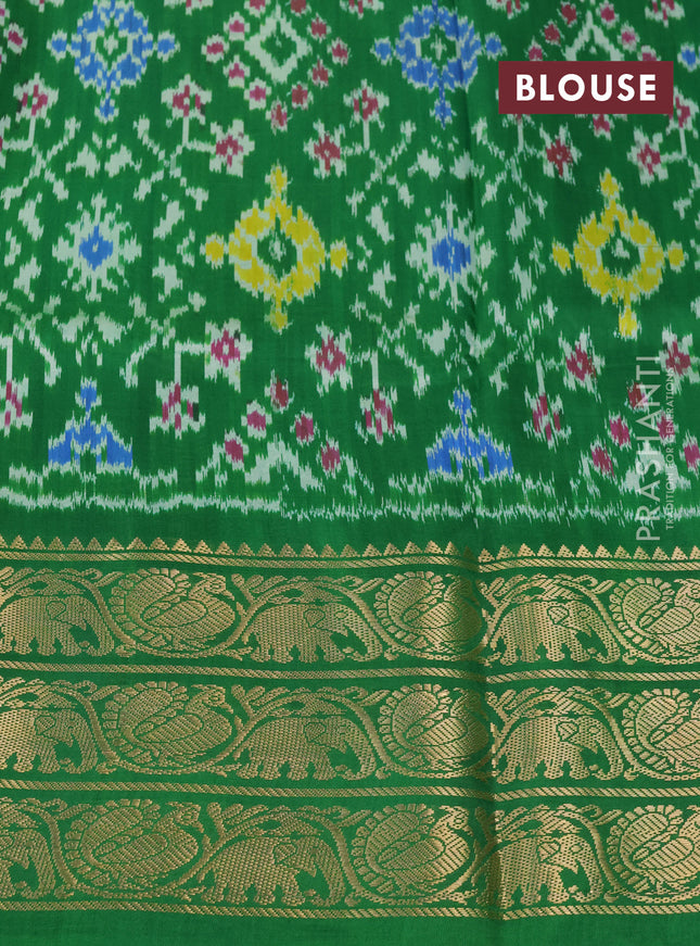 Pochampally silk saree grey and green with allover floral digital prints and temple design zari woven border