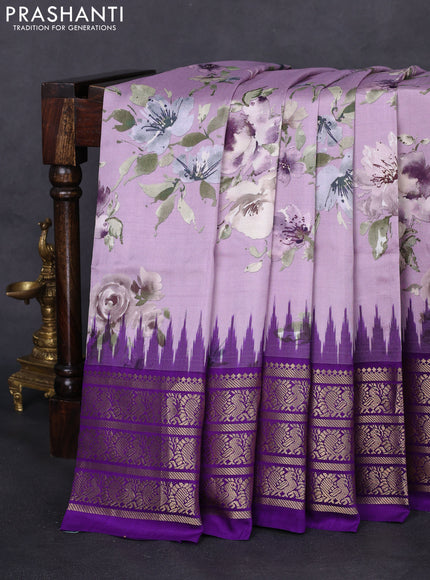 Pochampally silk saree lavender and violet with allover floral digital prints and temple design annam zari woven border