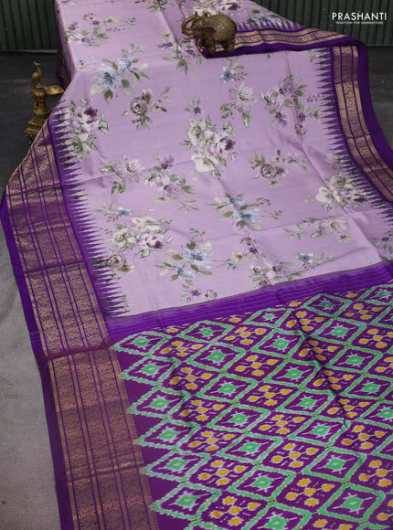 Pochampally silk saree lavender and violet with allover floral digital prints and temple design annam zari woven border