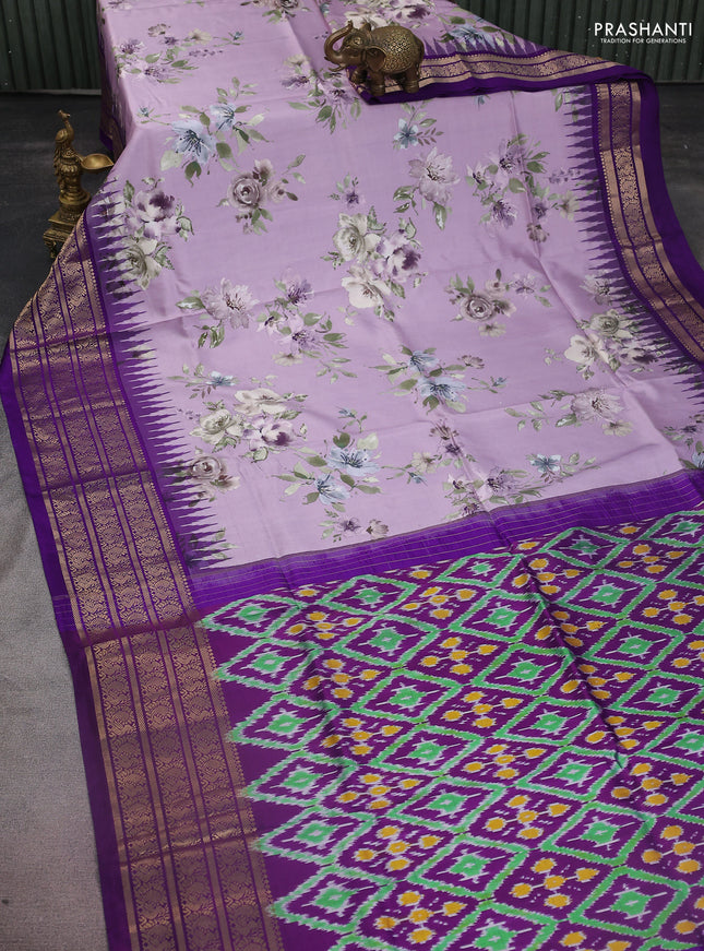 Pochampally silk saree lavender and violet with allover floral digital prints and temple design annam zari woven border