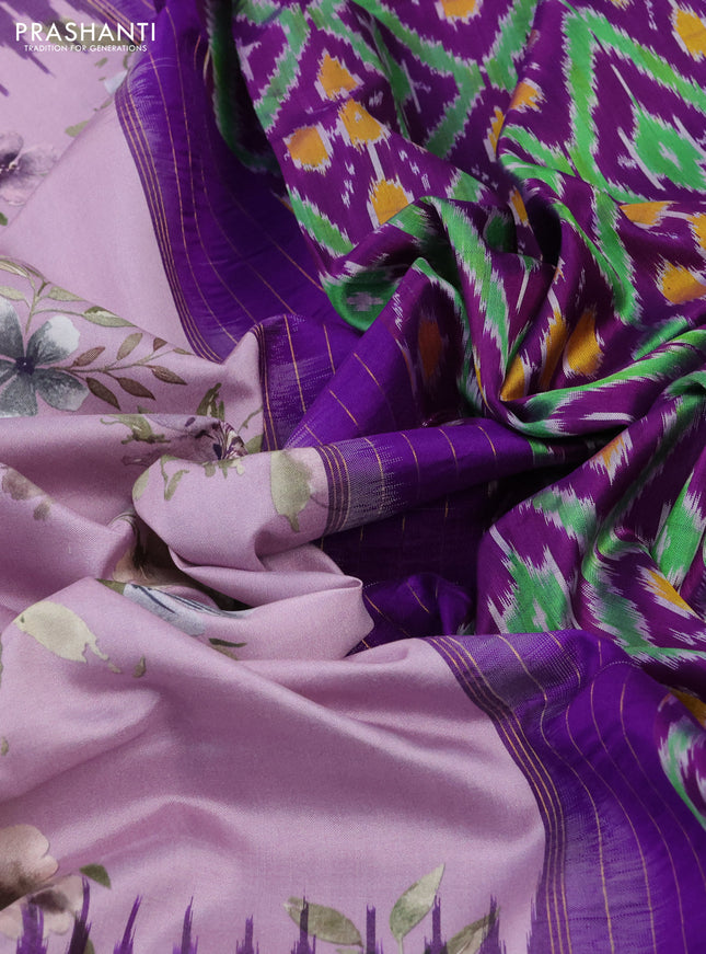 Pochampally silk saree lavender and violet with allover floral digital prints and temple design annam zari woven border