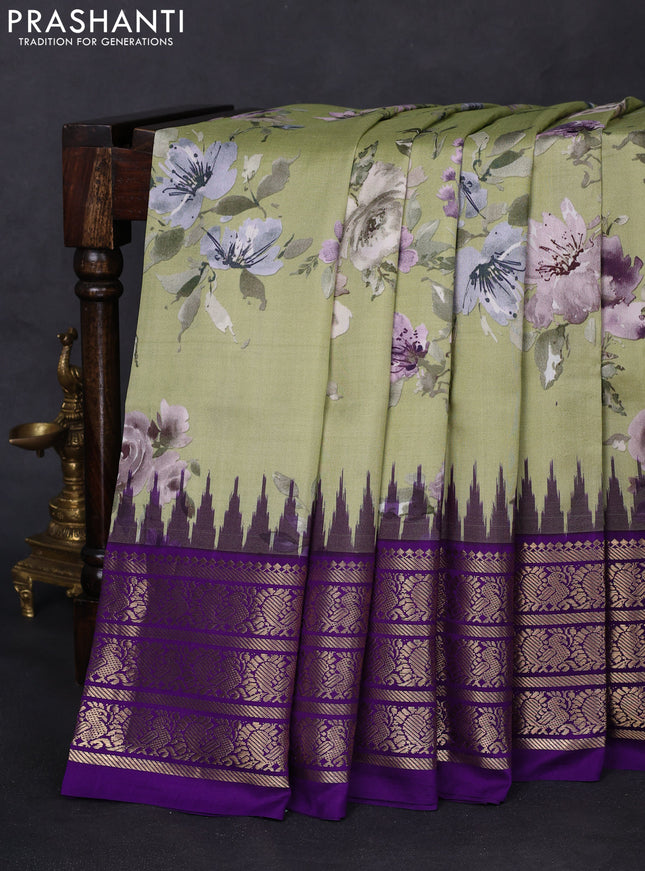 Pochampally silk saree pista green and violet with allover floral digital prints and temple design annam zari woven border