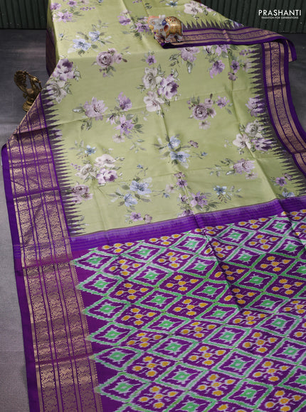 Pochampally silk saree pista green and violet with allover floral digital prints and temple design annam zari woven border