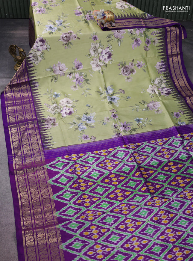 Pochampally silk saree pista green and violet with allover floral digital prints and temple design annam zari woven border