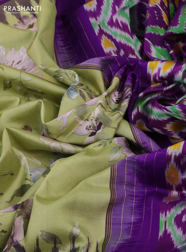 Pochampally silk saree pista green and violet with allover floral digital prints and temple design annam zari woven border