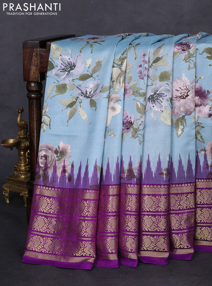 Pochampally silk saree pastel blue and purple with allover floral digital prints and temple design annam zari woven border