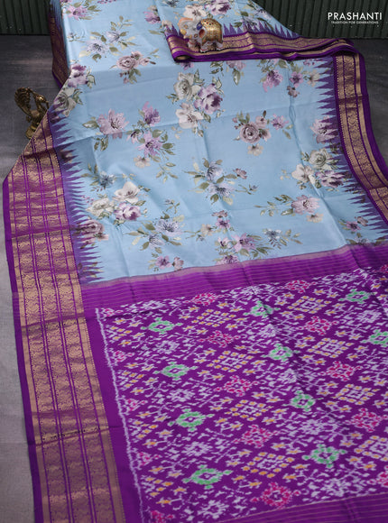 Pochampally silk saree pastel blue and purple with allover floral digital prints and temple design annam zari woven border
