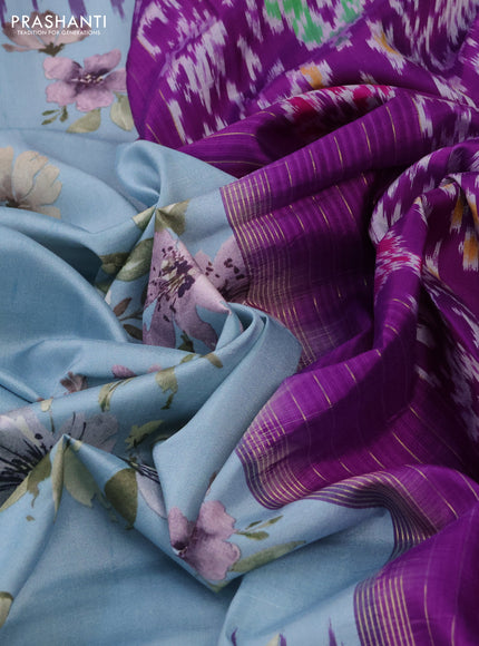 Pochampally silk saree pastel blue and purple with allover floral digital prints and temple design annam zari woven border