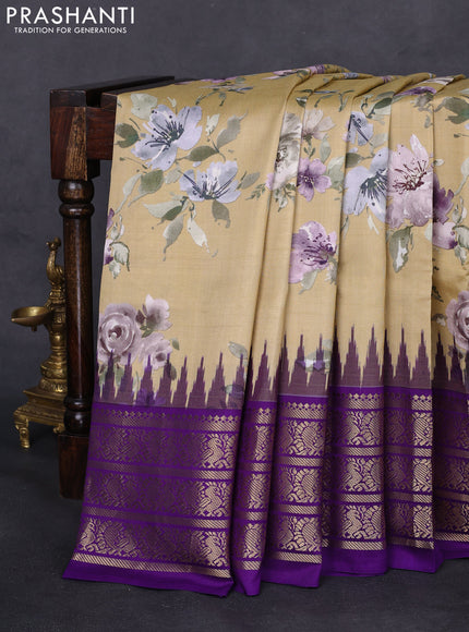 Pochampally silk saree sandal and violet with allover floral digital prints and temple design annam zari woven border