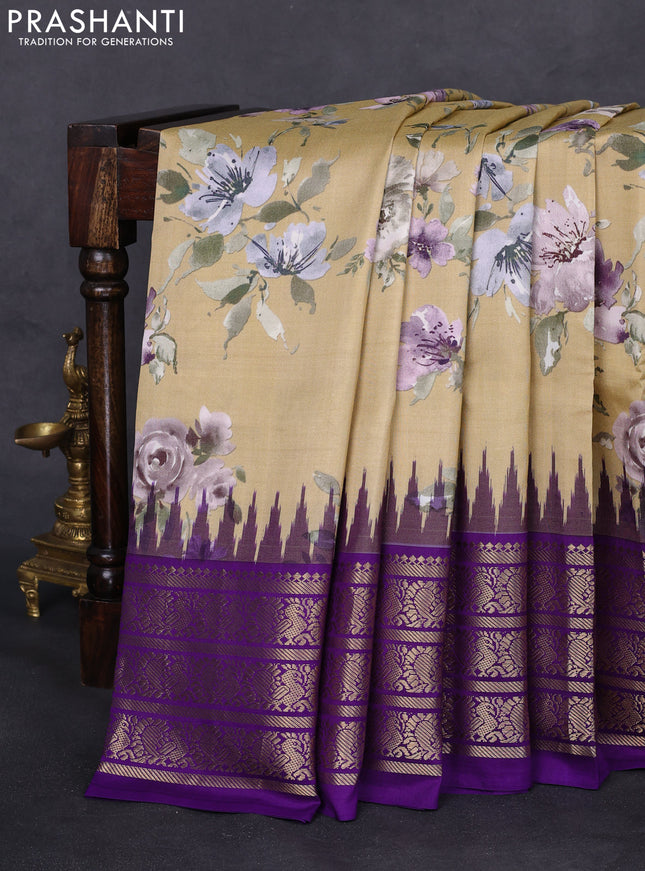 Pochampally silk saree sandal and violet with allover floral digital prints and temple design annam zari woven border