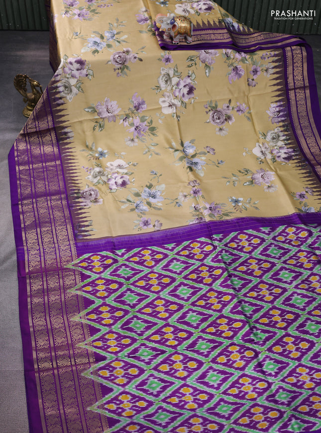 Pochampally silk saree sandal and violet with allover floral digital prints and temple design annam zari woven border