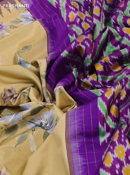 Pochampally silk saree sandal and violet with allover floral digital prints and temple design annam zari woven border