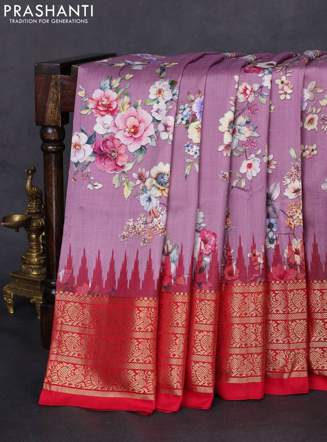 Pochampally silk saree mauve pink and red with allover floral digital prints and temple design annam zari woven border