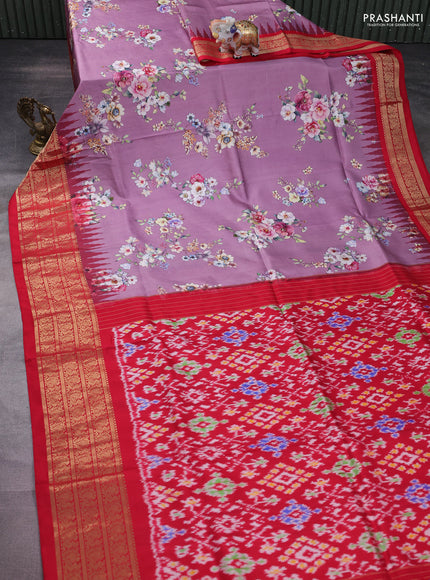 Pochampally silk saree mauve pink and red with allover floral digital prints and temple design annam zari woven border