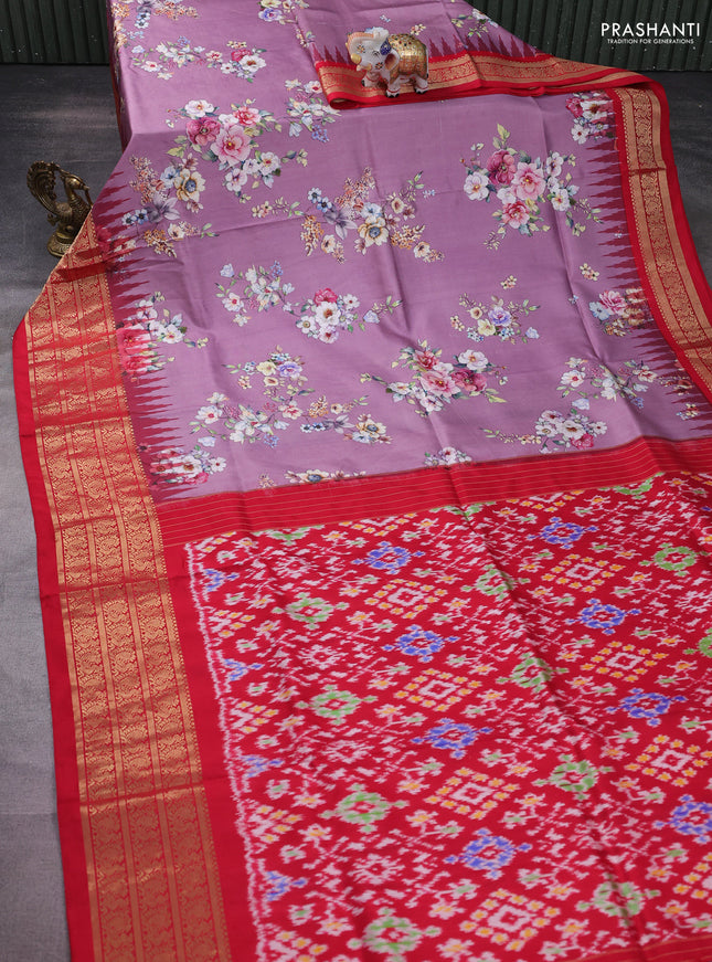 Pochampally silk saree mauve pink and red with allover floral digital prints and temple design annam zari woven border