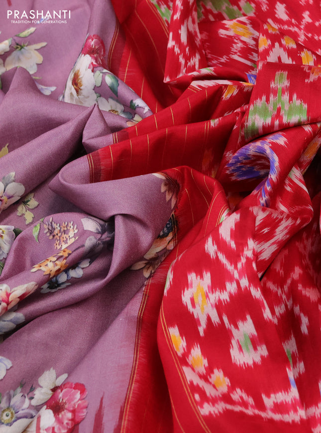 Pochampally silk saree mauve pink and red with allover floral digital prints and temple design annam zari woven border