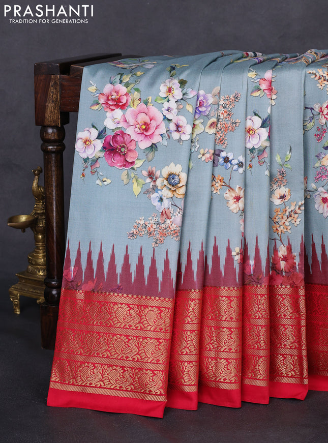 Pochampally silk saree pastel blue shade and red with allover floral digital prints and temple design annam zari woven border