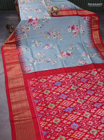 Pochampally silk saree pastel blue shade and red with allover floral digital prints and temple design annam zari woven border